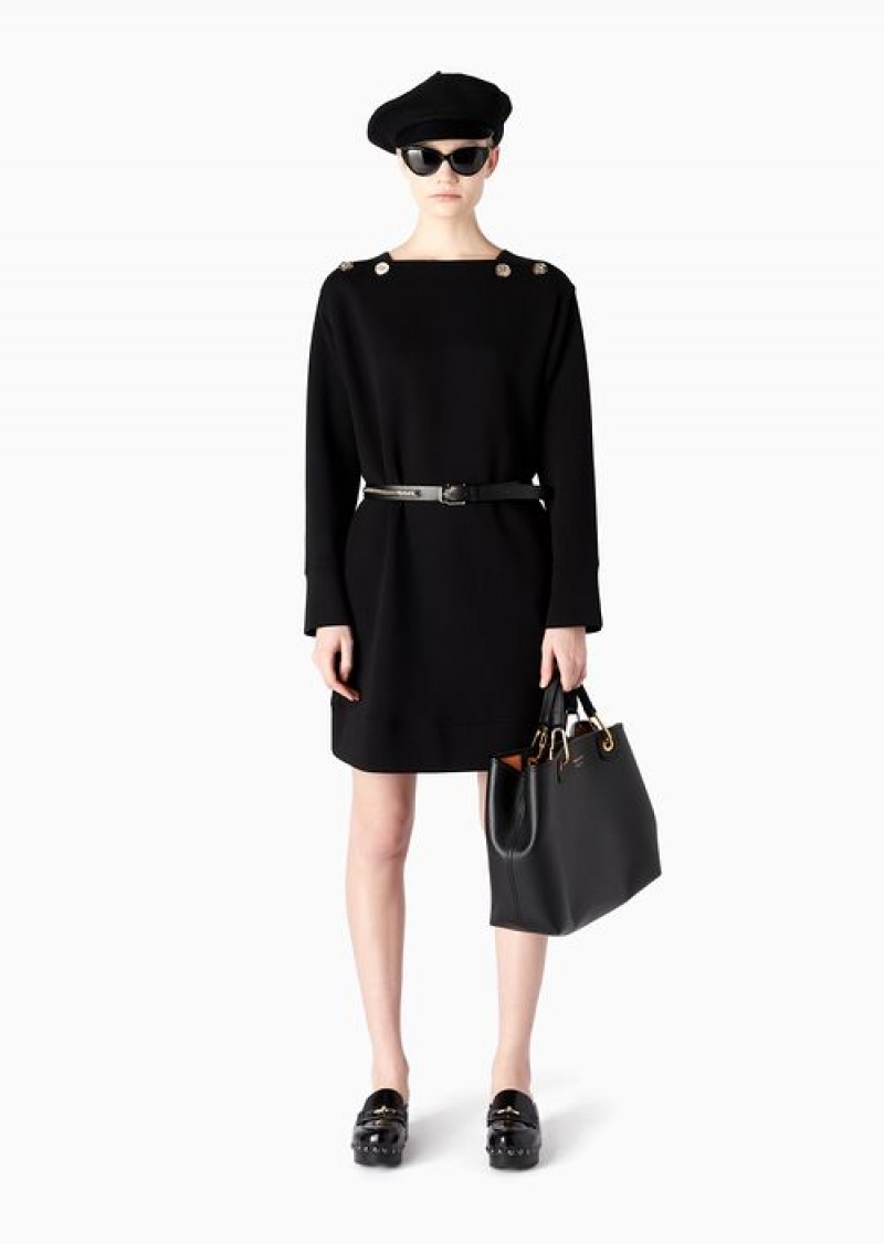 Black Emporio Armani Double Jersey Dress With Gold Logo Buttons | EA-SN56497