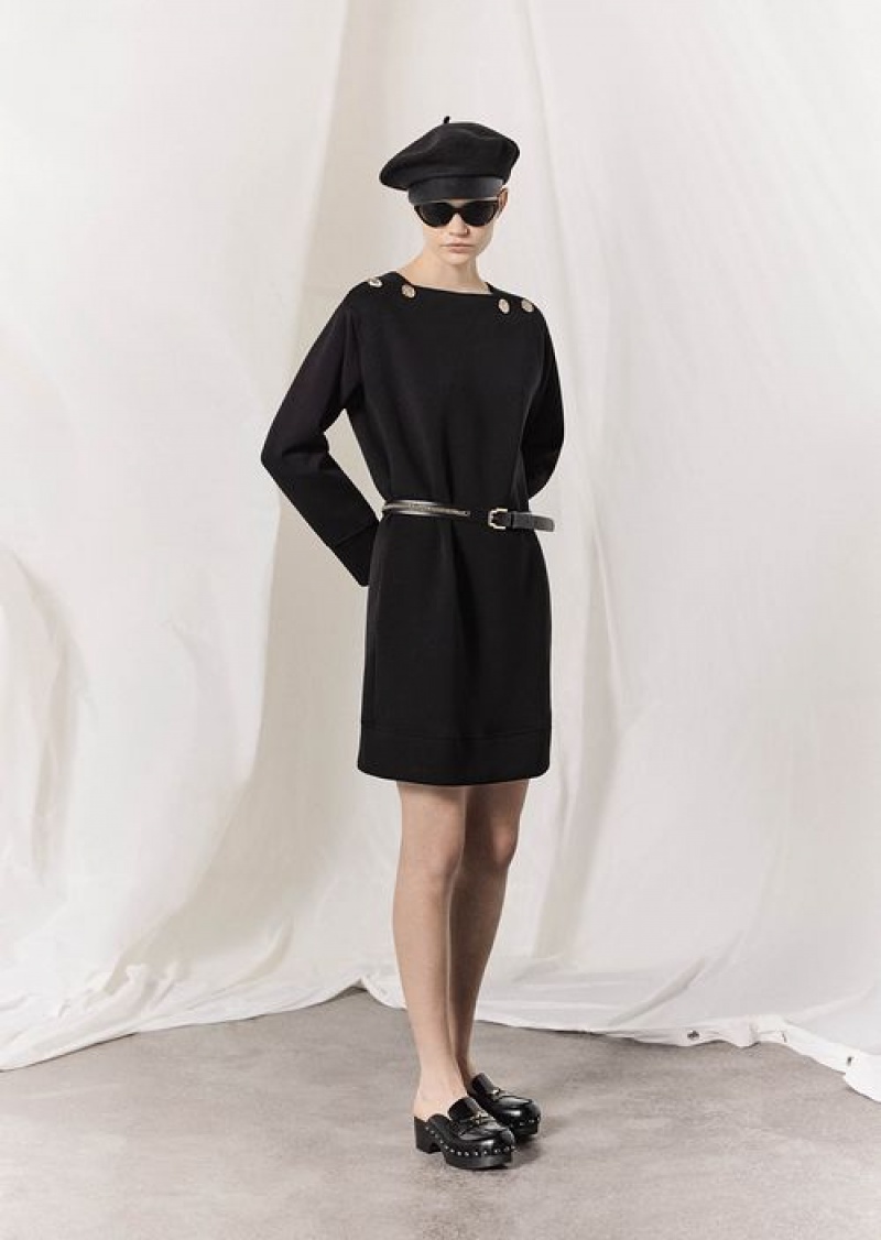 Black Emporio Armani Double Jersey Dress With Gold Logo Buttons | EA-SN56497