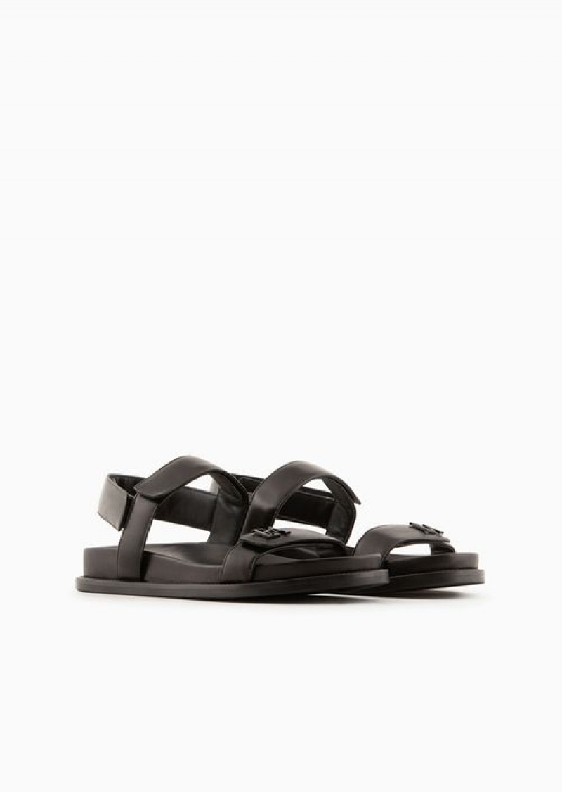 Black Emporio Armani Double-band Sandals In Nappa Leather With Ea Logo | EA-SN57171