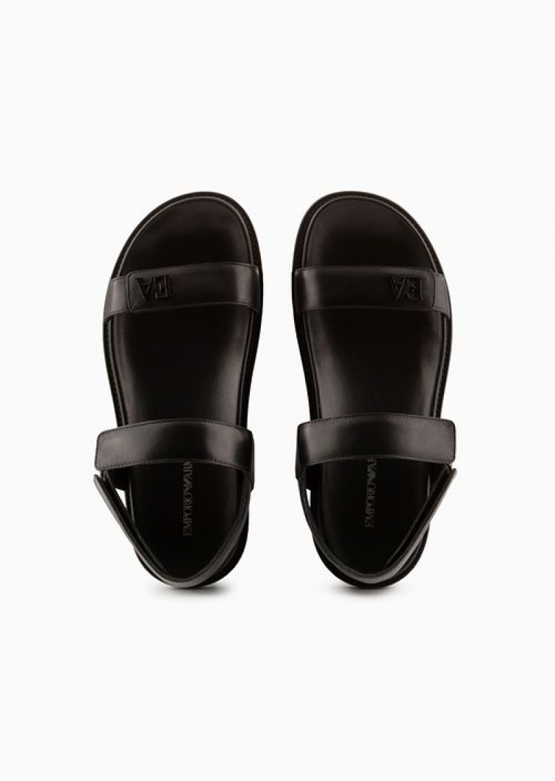 Black Emporio Armani Double-band Sandals In Nappa Leather With Ea Logo | EA-SN57171