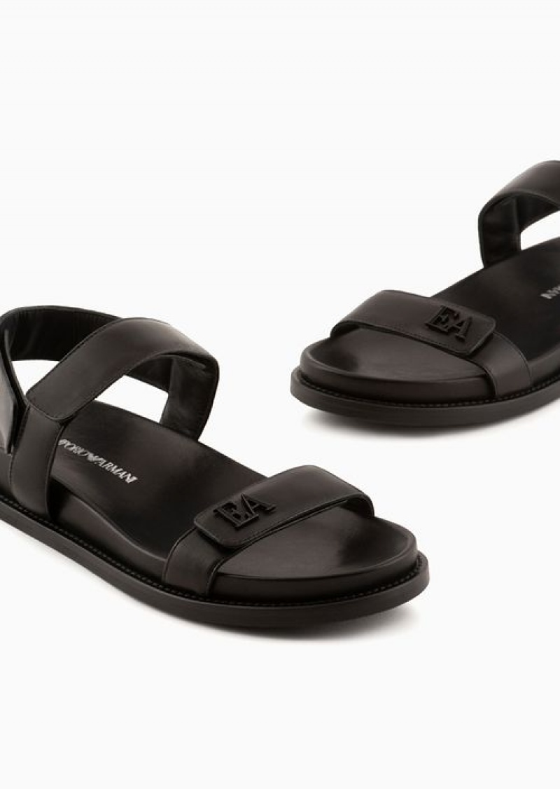 Black Emporio Armani Double-band Sandals In Nappa Leather With Ea Logo | EA-SN57171