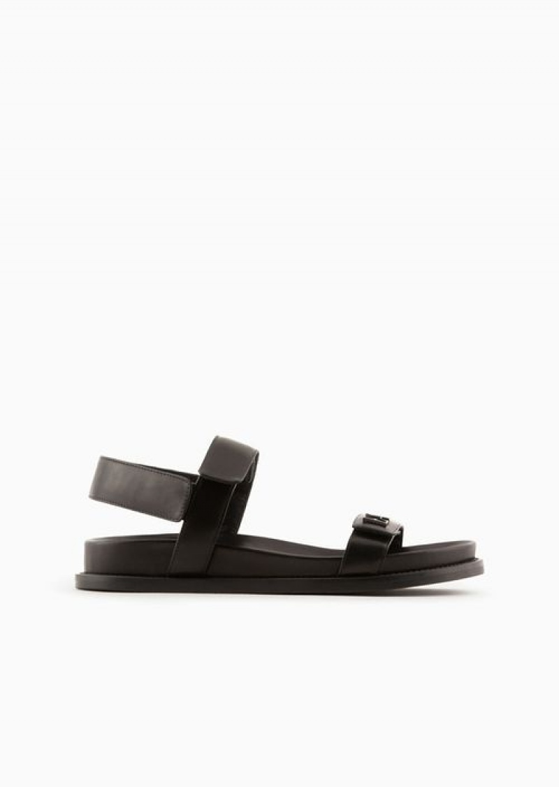 Black Emporio Armani Double-band Sandals In Nappa Leather With Ea Logo | EA-SN57171