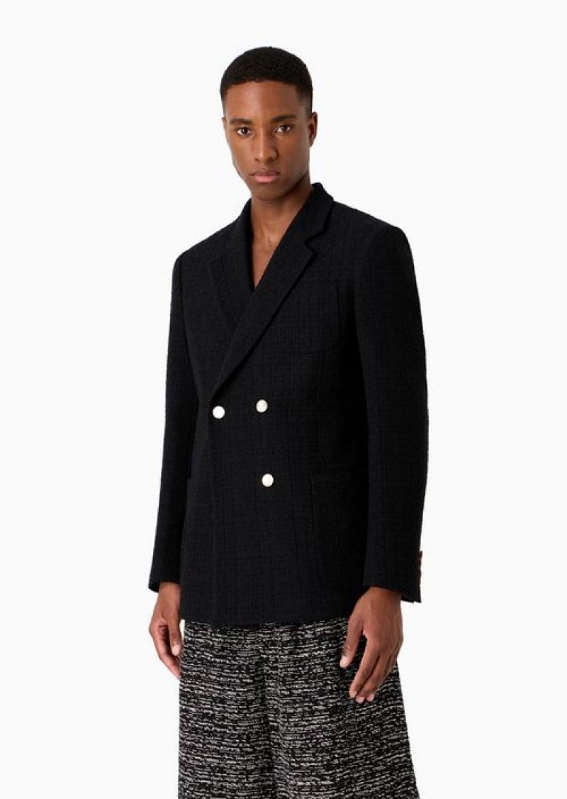 Black Emporio Armani Double-breasted Jacket In Bouclé Basket Weave | EA-SN57822