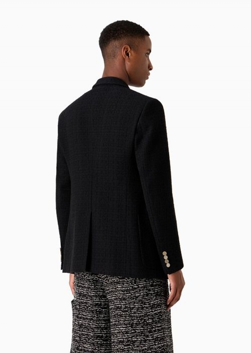 Black Emporio Armani Double-breasted Jacket In Bouclé Basket Weave | EA-SN57822