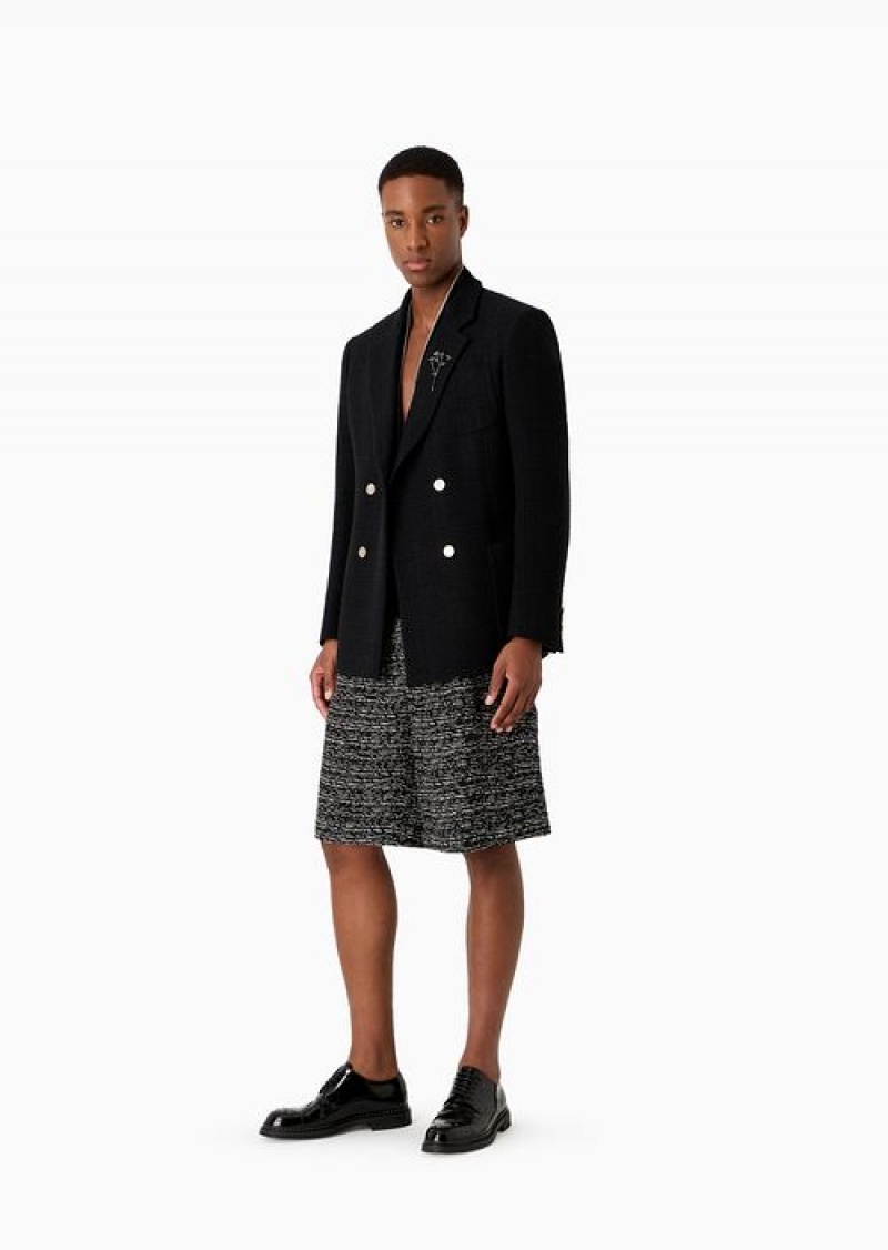 Black Emporio Armani Double-breasted Jacket In Bouclé Basket Weave | EA-SN57822