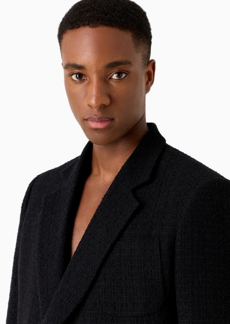 Black Emporio Armani Double-breasted Jacket In Bouclé Basket Weave | EA-SN57822