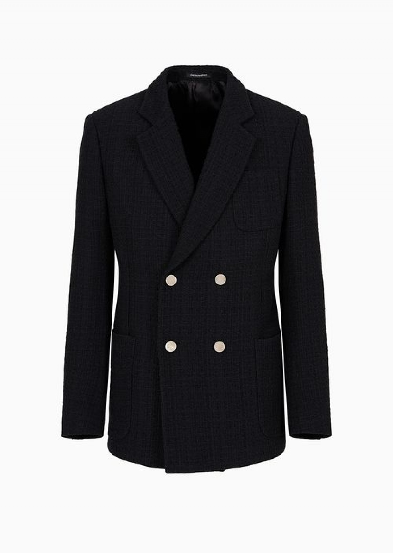 Black Emporio Armani Double-breasted Jacket In Bouclé Basket Weave | EA-SN57822