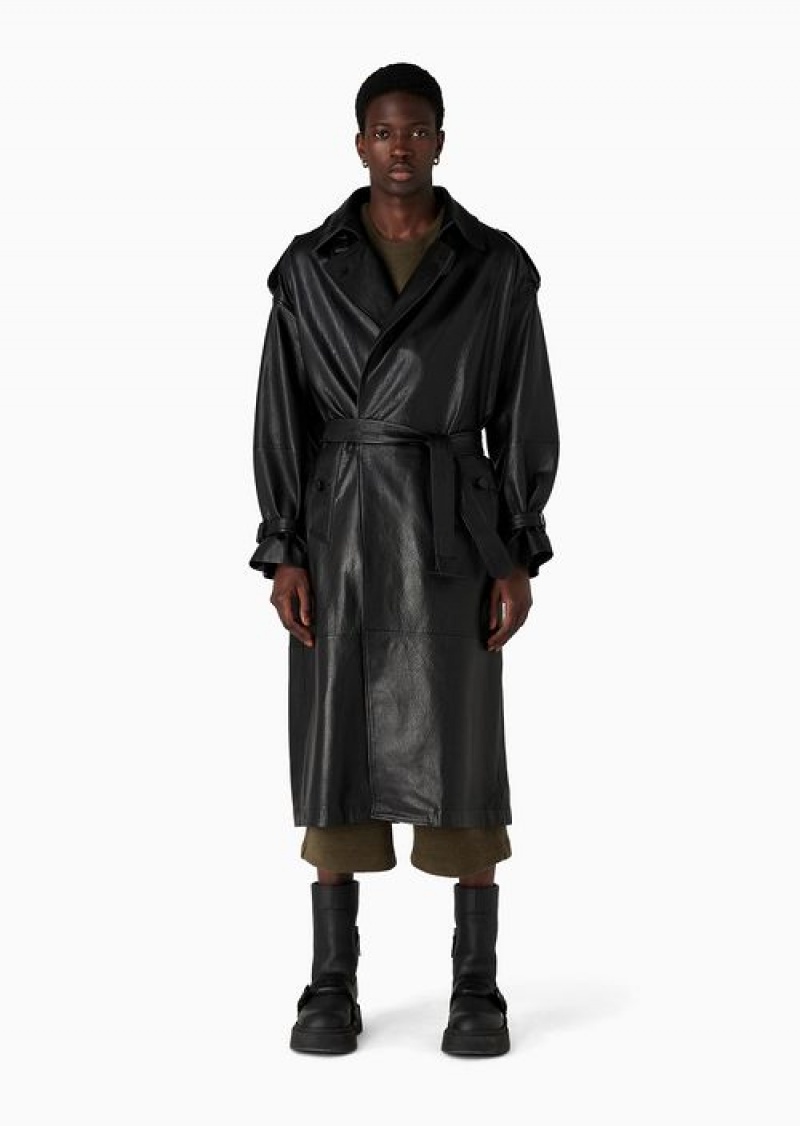 Black Emporio Armani Double-breasted Oversized-fit Trench Coat With Lapels And Belt In Vegetable-tanned Water-buffalo Nappa Leather | EA-SN58152