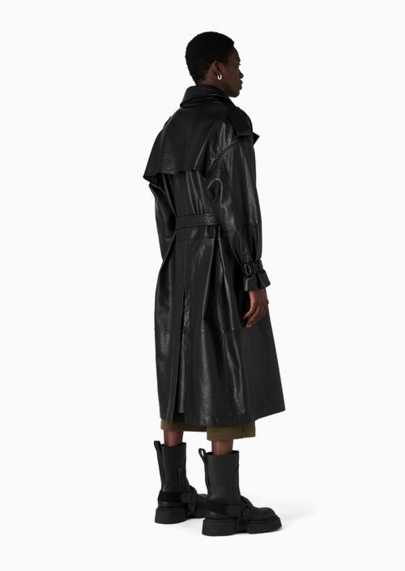 Black Emporio Armani Double-breasted Oversized-fit Trench Coat With Lapels And Belt In Vegetable-tanned Water-buffalo Nappa Leather | EA-SN58152