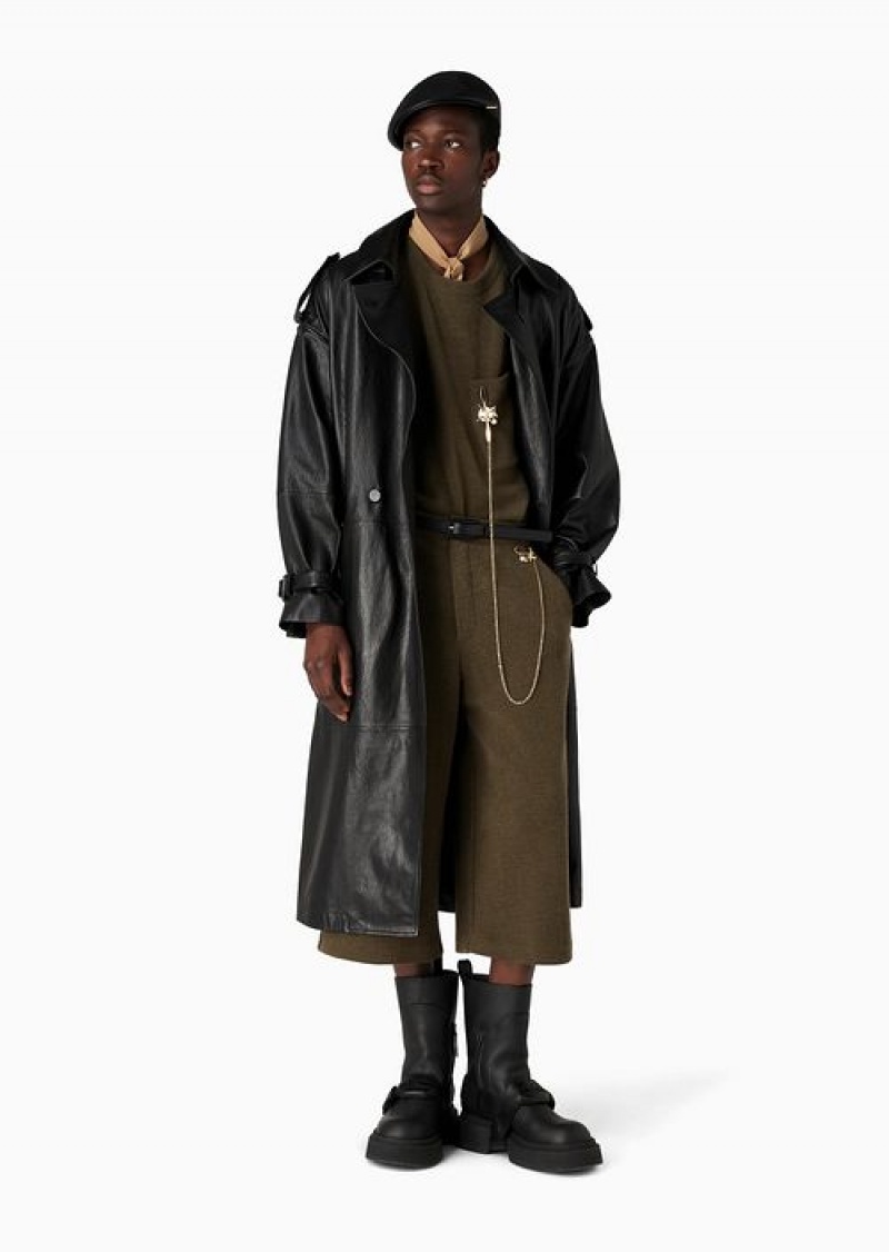 Black Emporio Armani Double-breasted Oversized-fit Trench Coat With Lapels And Belt In Vegetable-tanned Water-buffalo Nappa Leather | EA-SN58152