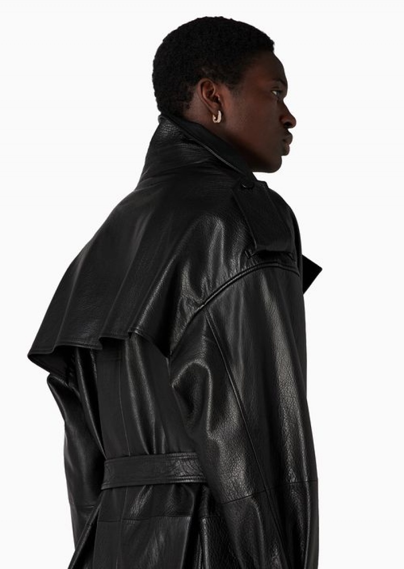 Black Emporio Armani Double-breasted Oversized-fit Trench Coat With Lapels And Belt In Vegetable-tanned Water-buffalo Nappa Leather | EA-SN58152