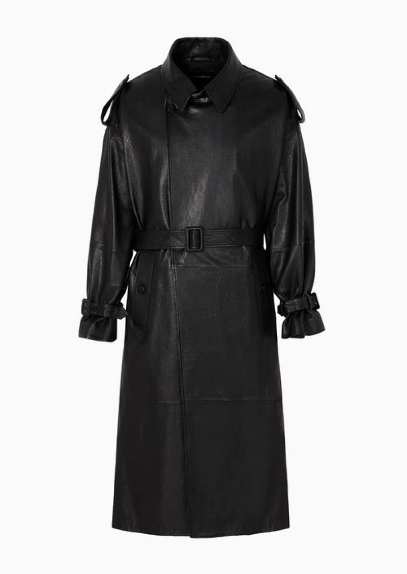 Black Emporio Armani Double-breasted Oversized-fit Trench Coat With Lapels And Belt In Vegetable-tanned Water-buffalo Nappa Leather | EA-SN58152