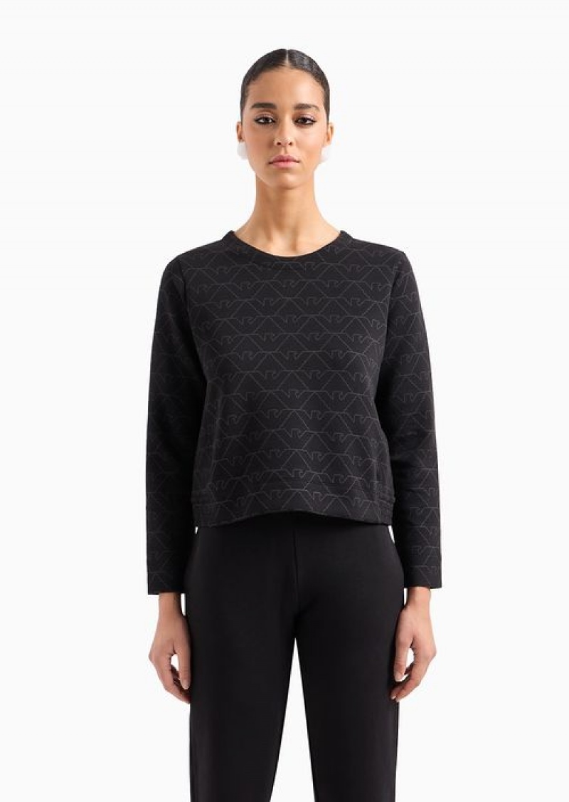 Black Emporio Armani Double-jersey Crew-neck Sweatshirt With Eagle | EA-SN56986