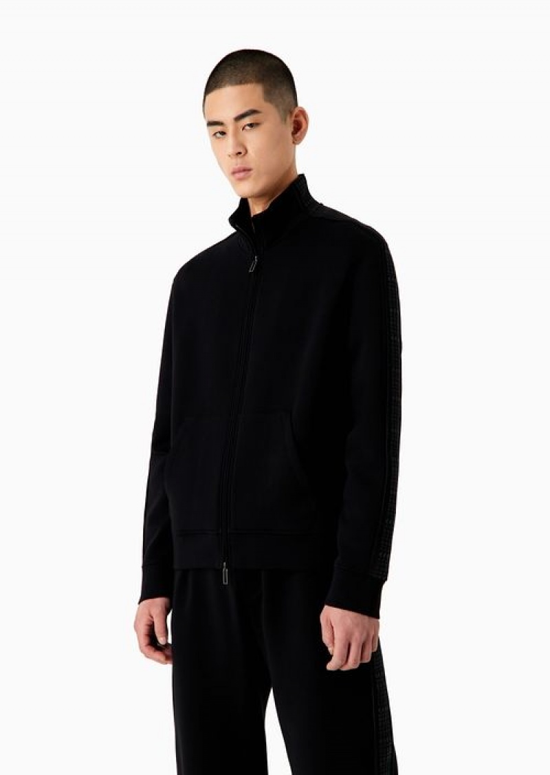 Black Emporio Armani Double-jersey Full-zip Sweatshirt With Rubberised Lettering Print Side Bands | EA-SN58487