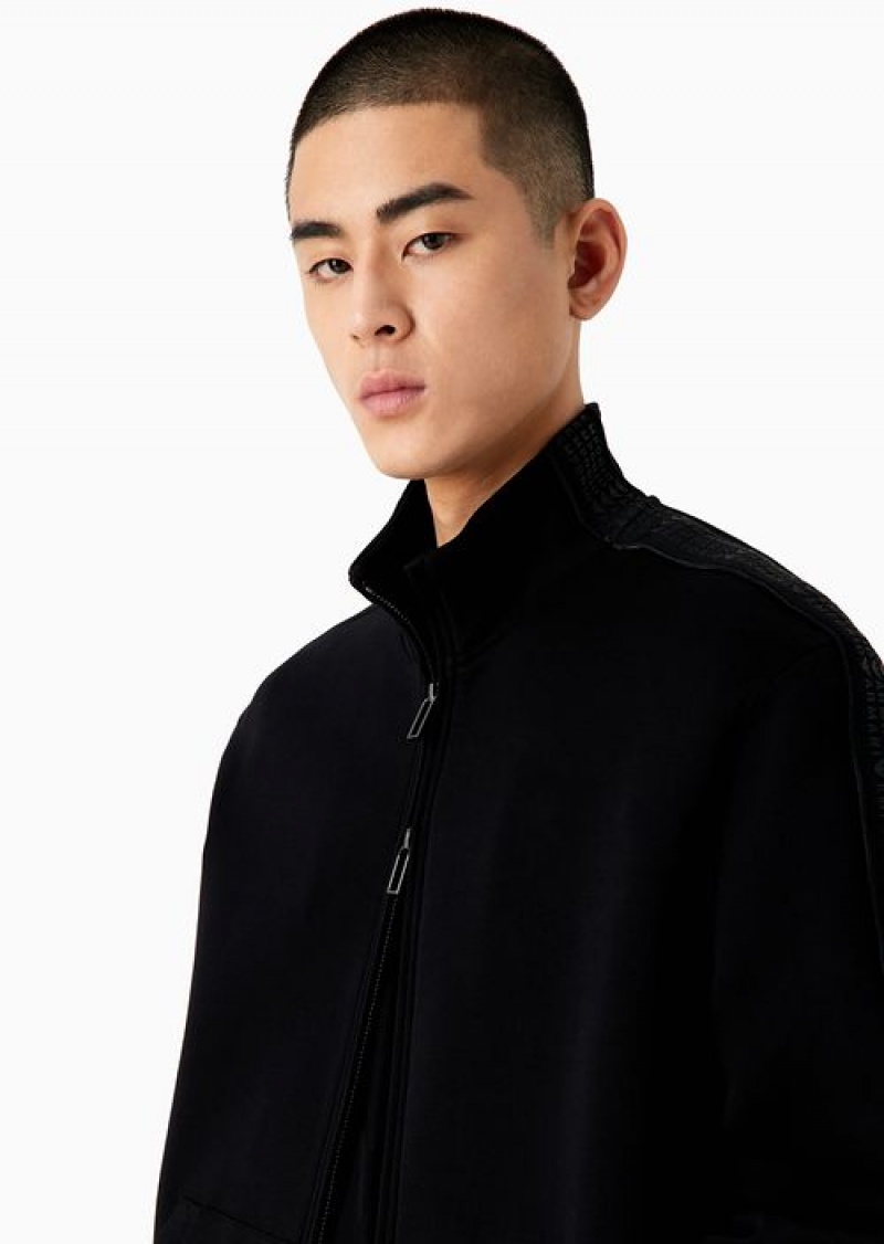 Black Emporio Armani Double-jersey Full-zip Sweatshirt With Rubberised Lettering Print Side Bands | EA-SN58487