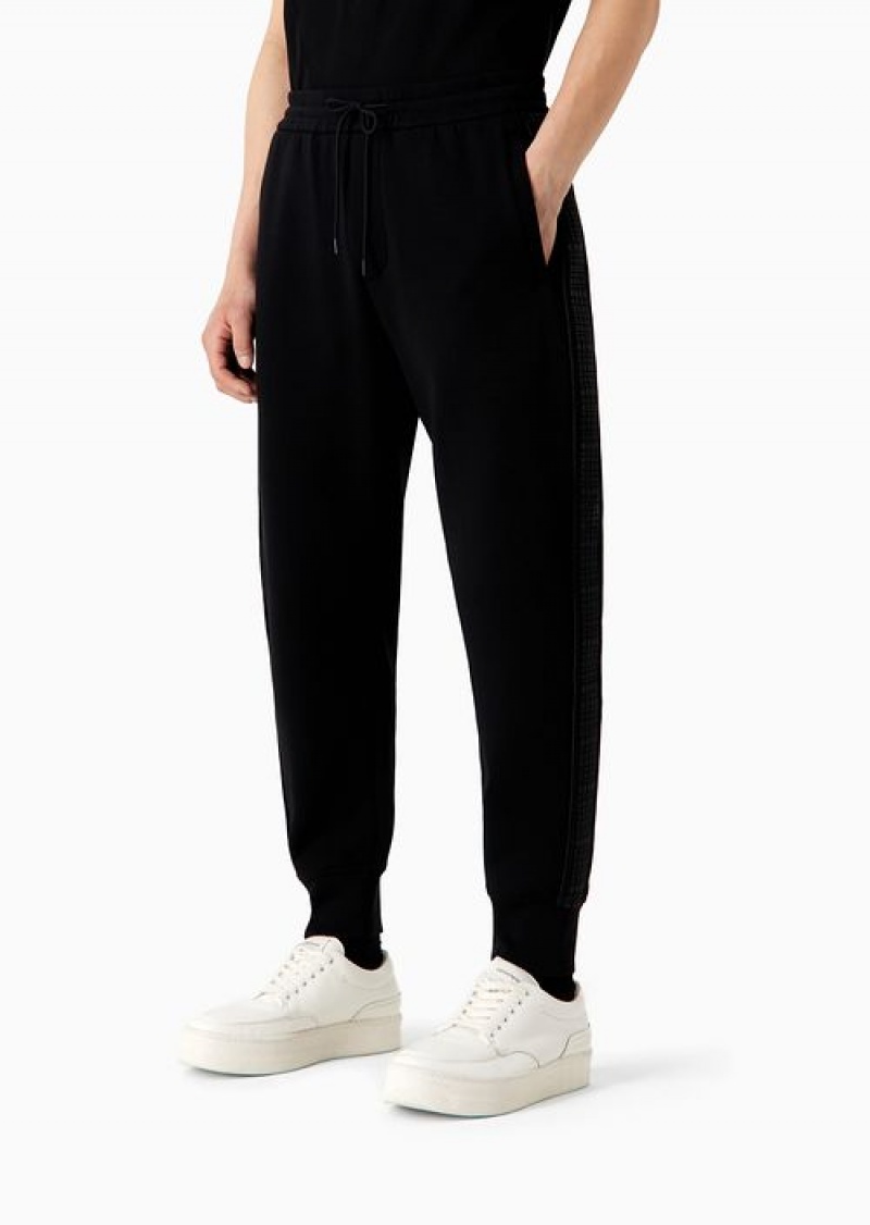 Black Emporio Armani Double-jersey Joggers With Rubberised Lettering Print Side Stripes | EA-SN58285