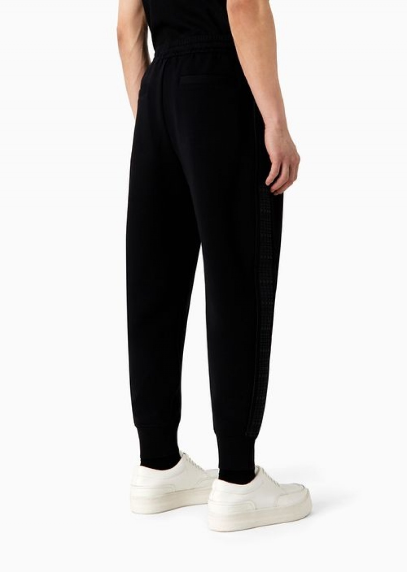 Black Emporio Armani Double-jersey Joggers With Rubberised Lettering Print Side Stripes | EA-SN58285