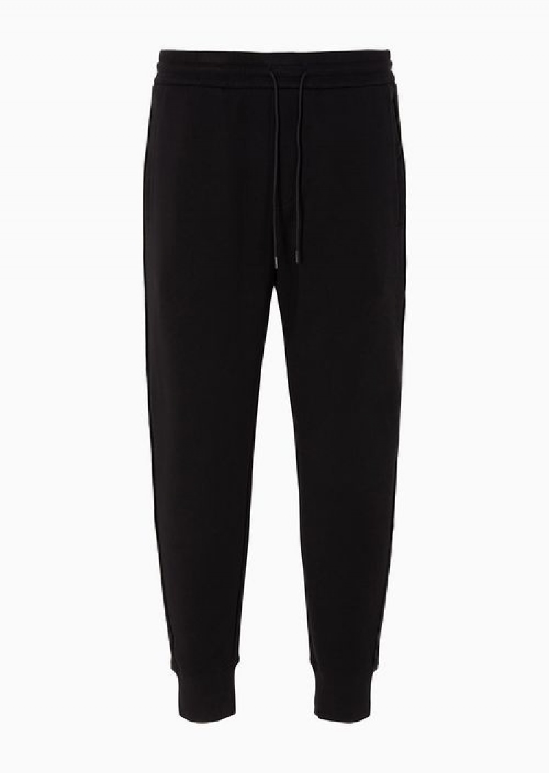 Black Emporio Armani Double-jersey Joggers With Rubberised Lettering Print Side Stripes | EA-SN58285