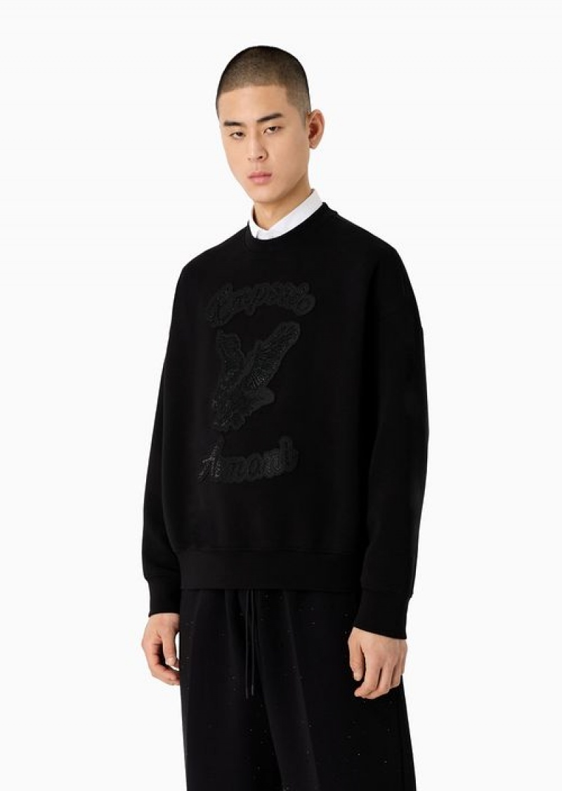 Black Emporio Armani Double-jersey Oversize Sweatshirt With Clubwear Patch And Rhinestone Embroidery | EA-SN58555