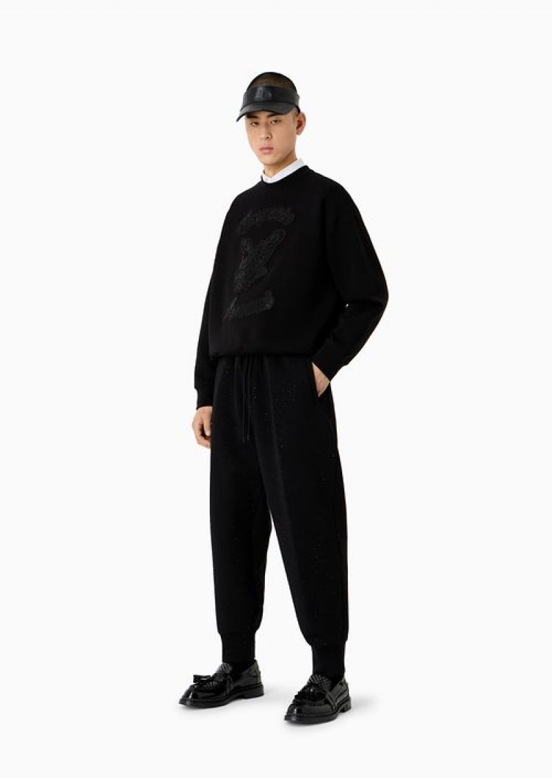 Black Emporio Armani Double-jersey Oversize Sweatshirt With Clubwear Patch And Rhinestone Embroidery | EA-SN58555