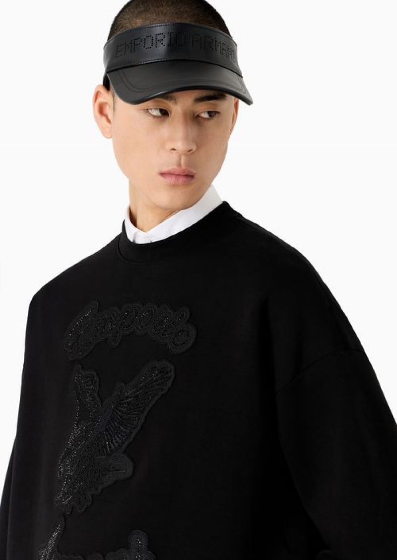 Black Emporio Armani Double-jersey Oversize Sweatshirt With Clubwear Patch And Rhinestone Embroidery | EA-SN58555