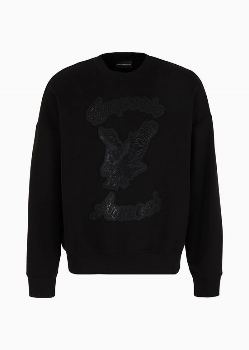 Black Emporio Armani Double-jersey Oversize Sweatshirt With Clubwear Patch And Rhinestone Embroidery | EA-SN58555