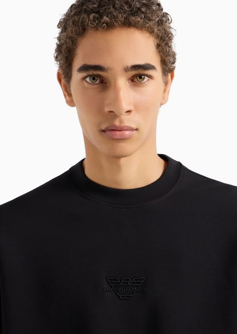 Black Emporio Armani Double-jersey Sweatshirt With Matching, Embossed Embroidered Micro Logo | EA-SN58565