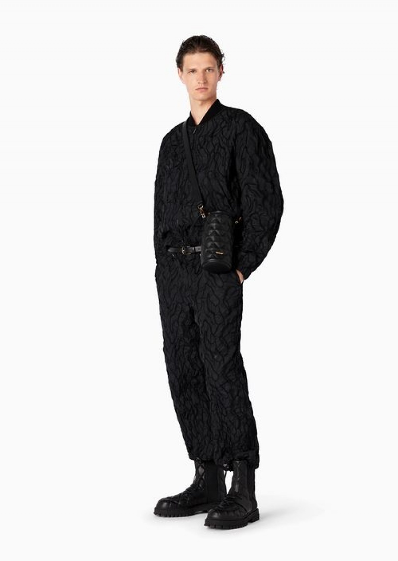 Black Emporio Armani Drawstring Trousers In Technical Fabric With All-over Raised Embroidery | EA-SN58270