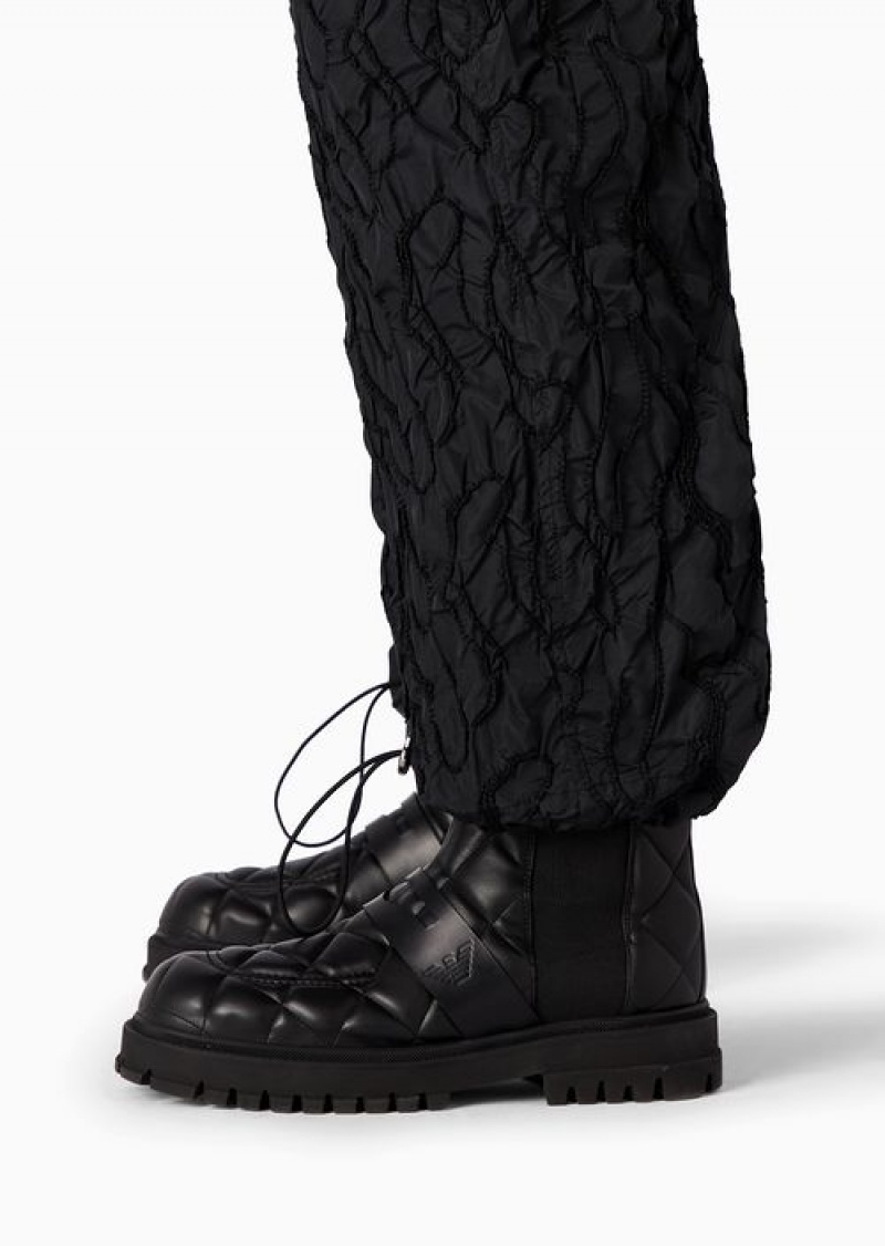 Black Emporio Armani Drawstring Trousers In Technical Fabric With All-over Raised Embroidery | EA-SN58270