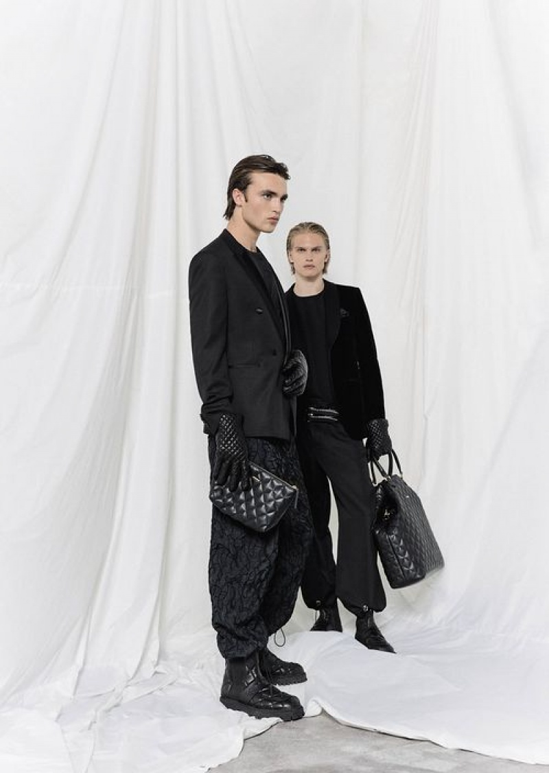 Black Emporio Armani Drawstring Trousers In Technical Fabric With All-over Raised Embroidery | EA-SN58270