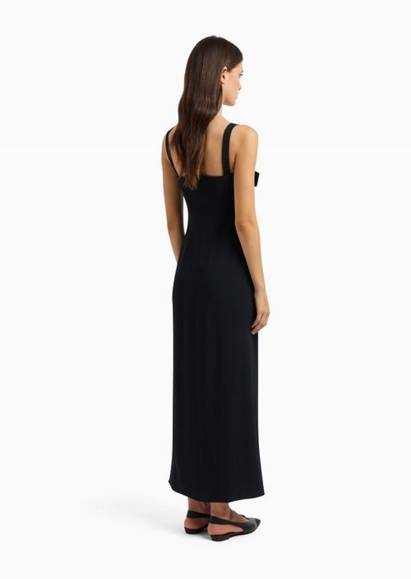 Black Emporio Armani Envers Satin Long Bodice Dress With Velvet Bow | EA-SN56489