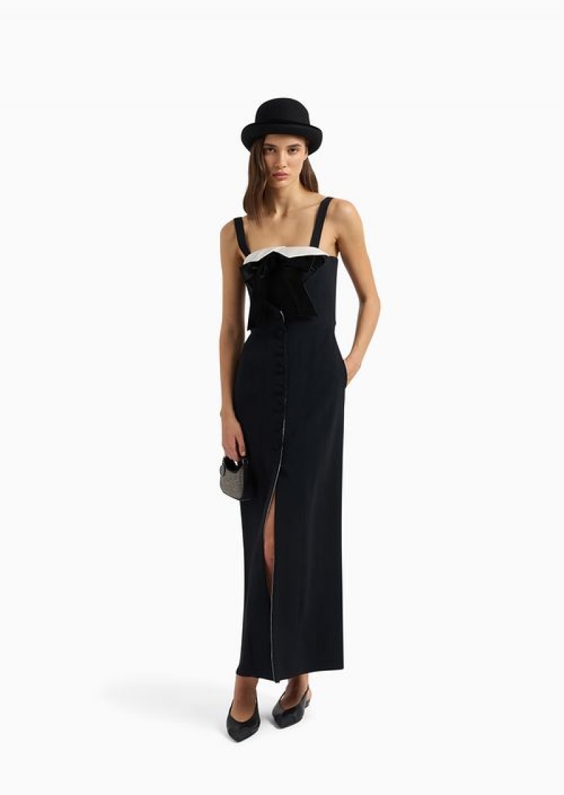 Black Emporio Armani Envers Satin Long Bodice Dress With Velvet Bow | EA-SN56489