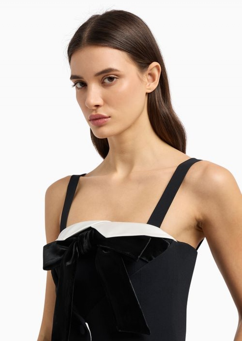 Black Emporio Armani Envers Satin Long Bodice Dress With Velvet Bow | EA-SN56489