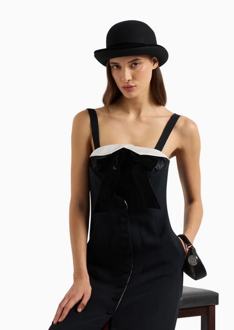 Black Emporio Armani Envers Satin Long Bodice Dress With Velvet Bow | EA-SN56489