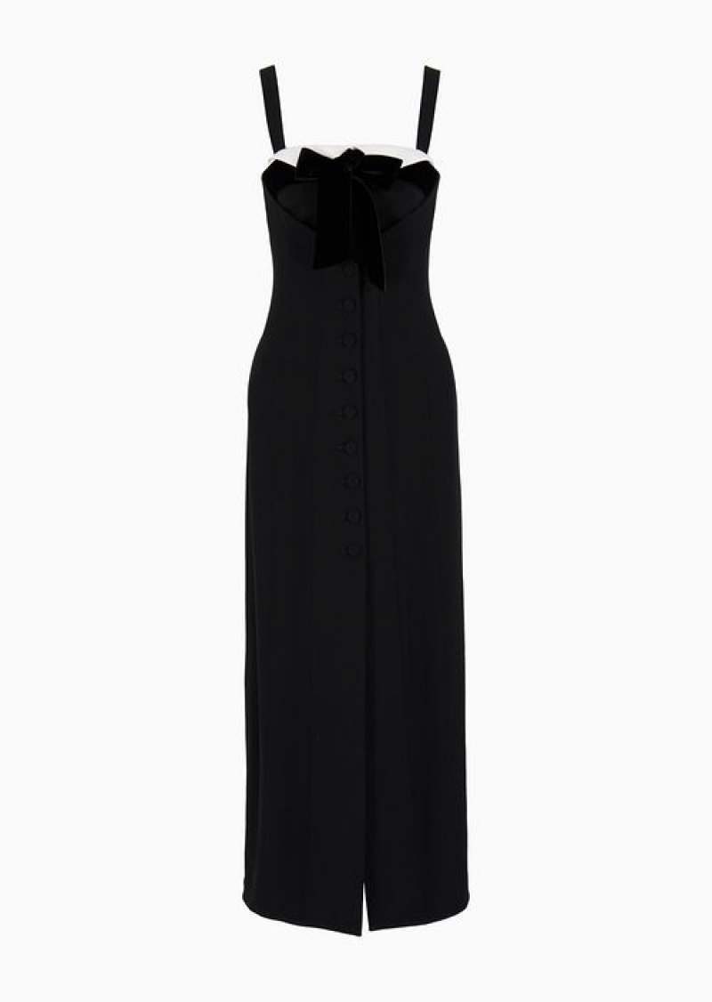 Black Emporio Armani Envers Satin Long Bodice Dress With Velvet Bow | EA-SN56489