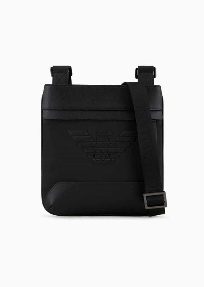 Black Emporio Armani Flat Asv Crossbody Bag In Regenerated Saffiano And Recycled Nylon | EA-SN59067