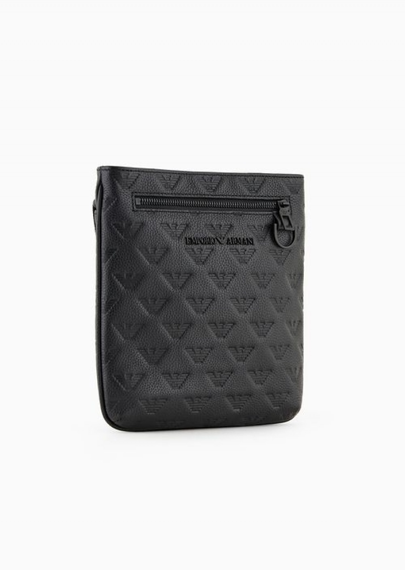 Black Emporio Armani Flat Leather Shoulder Bag With All-over Embossed Eagle | EA-SN59074