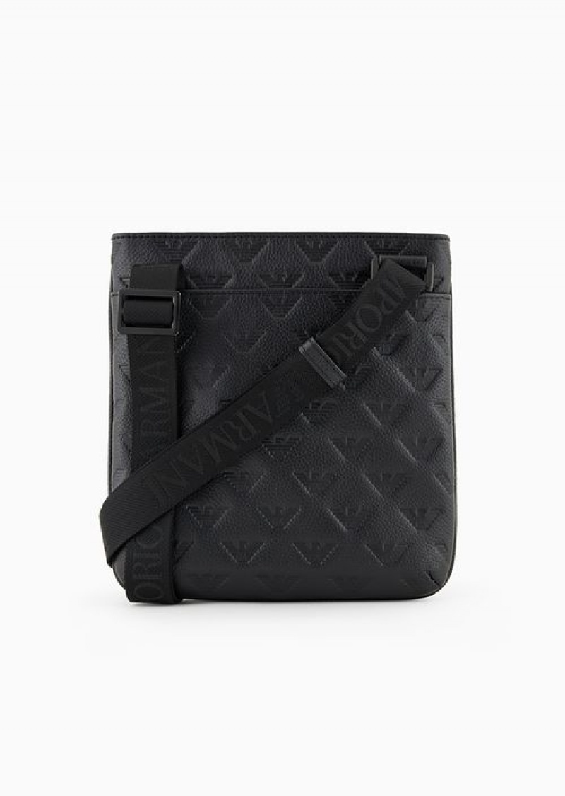 Black Emporio Armani Flat Leather Shoulder Bag With All-over Embossed Eagle | EA-SN59074