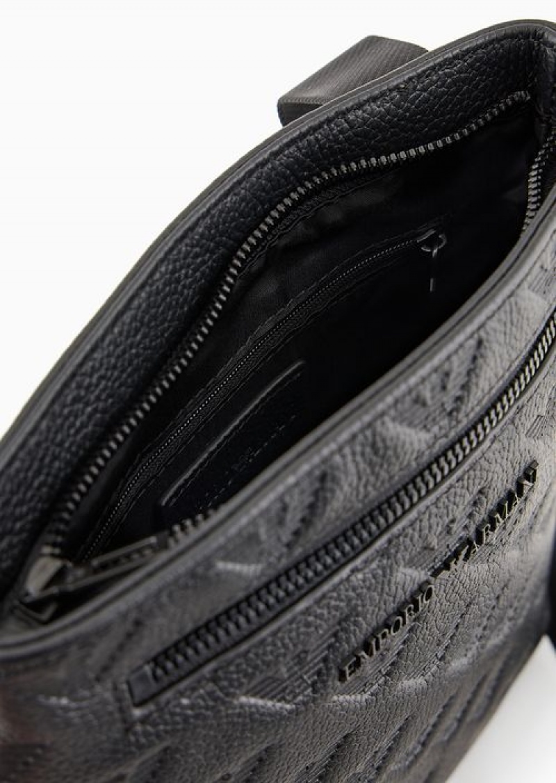 Black Emporio Armani Flat Leather Shoulder Bag With All-over Embossed Eagle | EA-SN59074