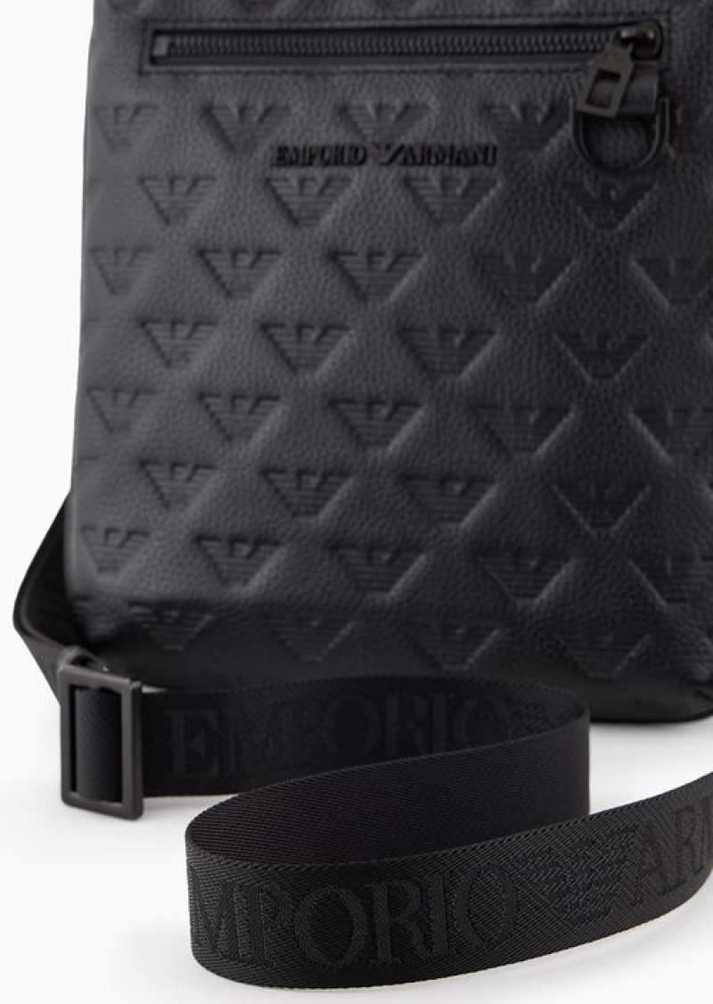 Black Emporio Armani Flat Leather Shoulder Bag With All-over Embossed Eagle | EA-SN59074