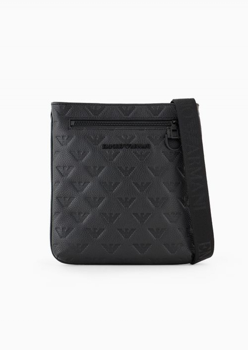 Black Emporio Armani Flat Leather Shoulder Bag With All-over Embossed Eagle | EA-SN59074