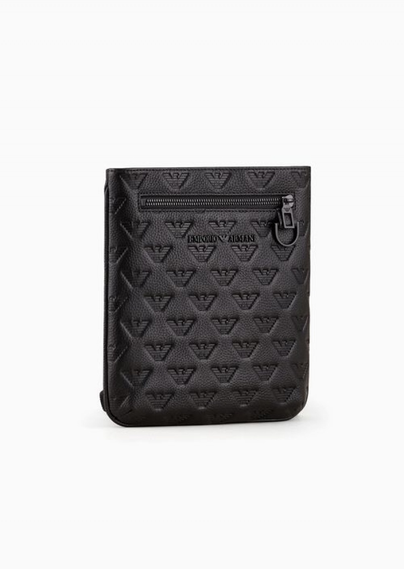 Black Emporio Armani Flat Leather Shoulder Bag With All-over Embossed Eagle | EA-SN59075