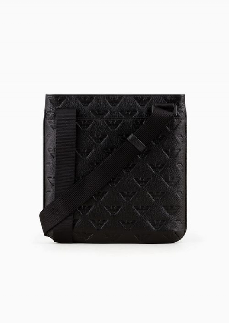 Black Emporio Armani Flat Leather Shoulder Bag With All-over Embossed Eagle | EA-SN59075