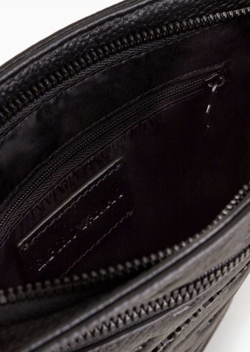 Black Emporio Armani Flat Leather Shoulder Bag With All-over Embossed Eagle | EA-SN59075