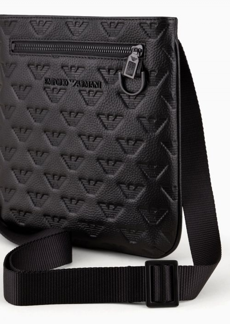 Black Emporio Armani Flat Leather Shoulder Bag With All-over Embossed Eagle | EA-SN59075