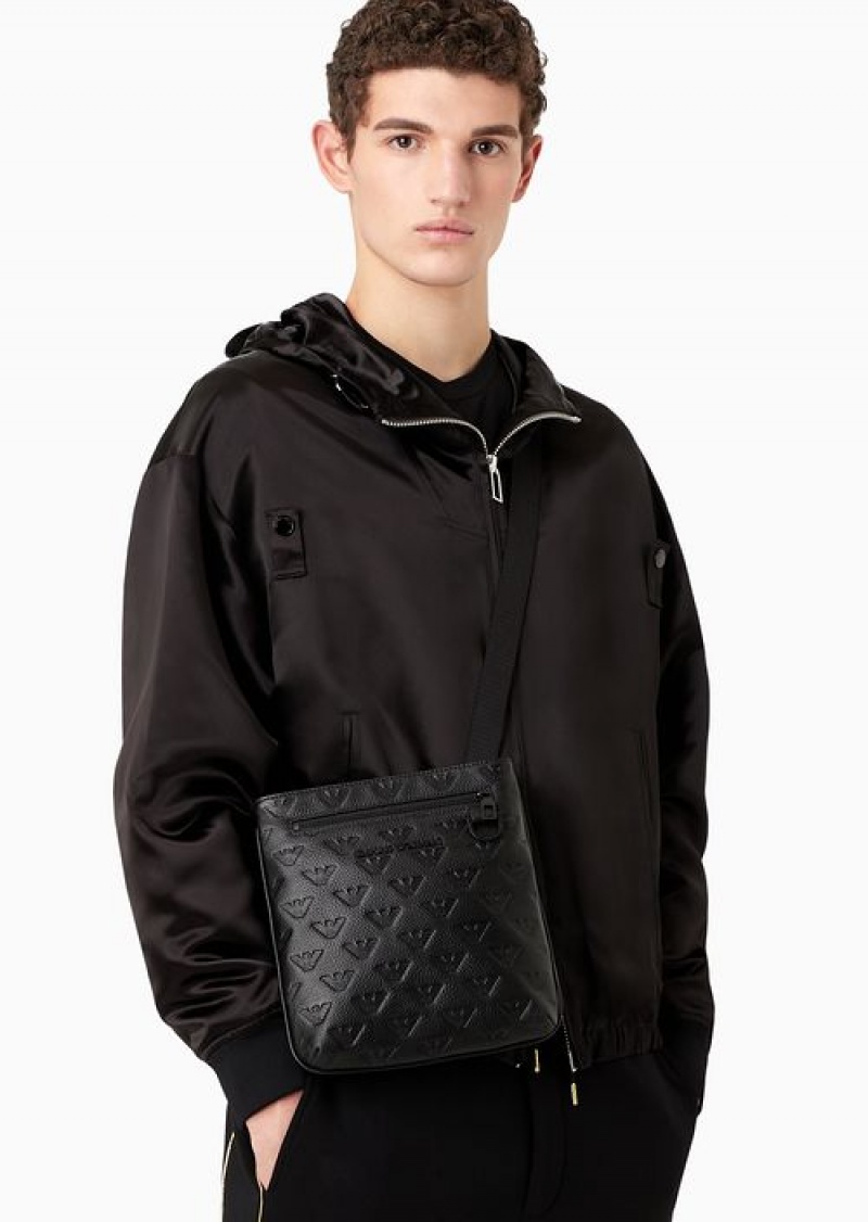 Black Emporio Armani Flat Leather Shoulder Bag With All-over Embossed Eagle | EA-SN59075