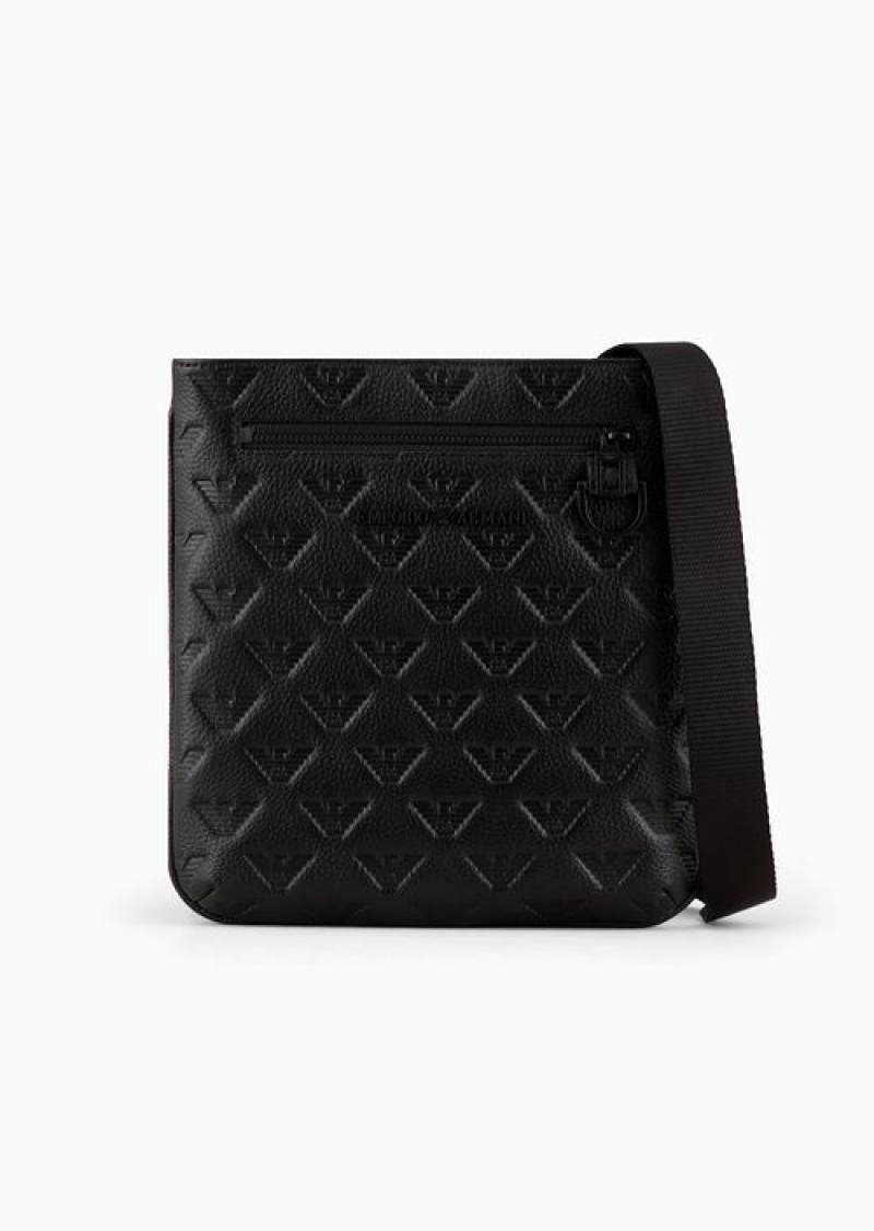 Black Emporio Armani Flat Leather Shoulder Bag With All-over Embossed Eagle | EA-SN59075