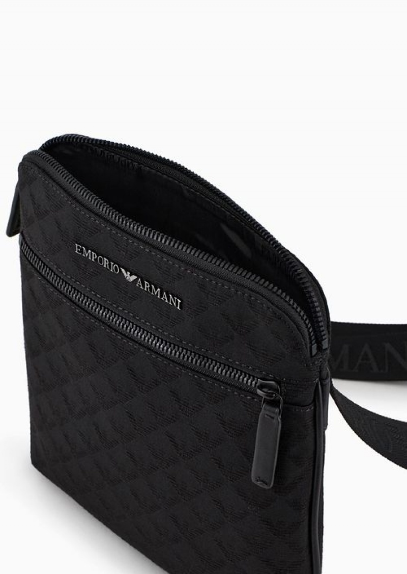 Black Emporio Armani Flat Nylon Shoulder Bag With All-over Jacquard Eagle | EA-SN59055