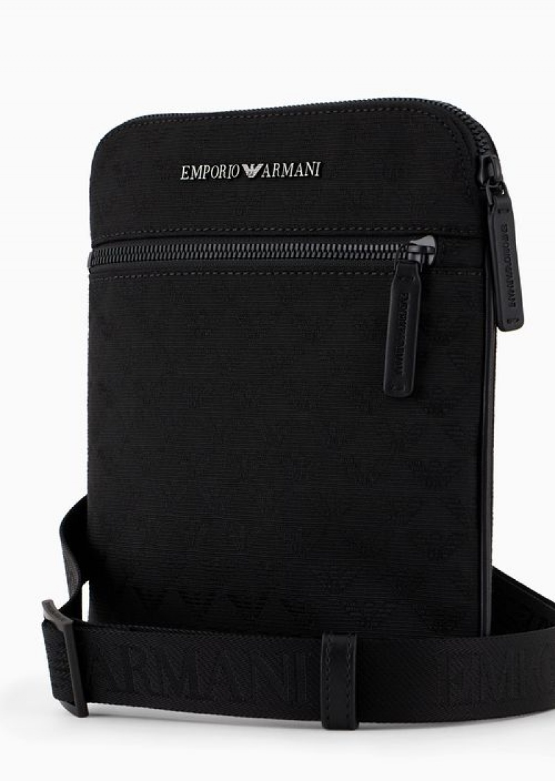 Black Emporio Armani Flat Nylon Shoulder Bag With All-over Jacquard Eagle | EA-SN59055