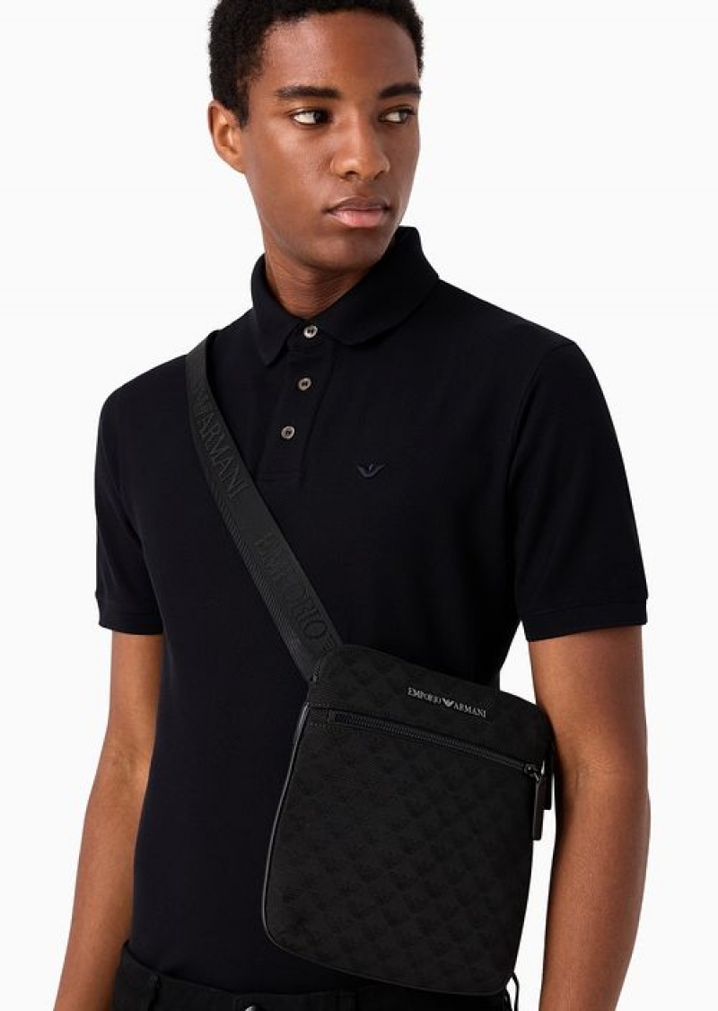 Black Emporio Armani Flat Nylon Shoulder Bag With All-over Jacquard Eagle | EA-SN59055